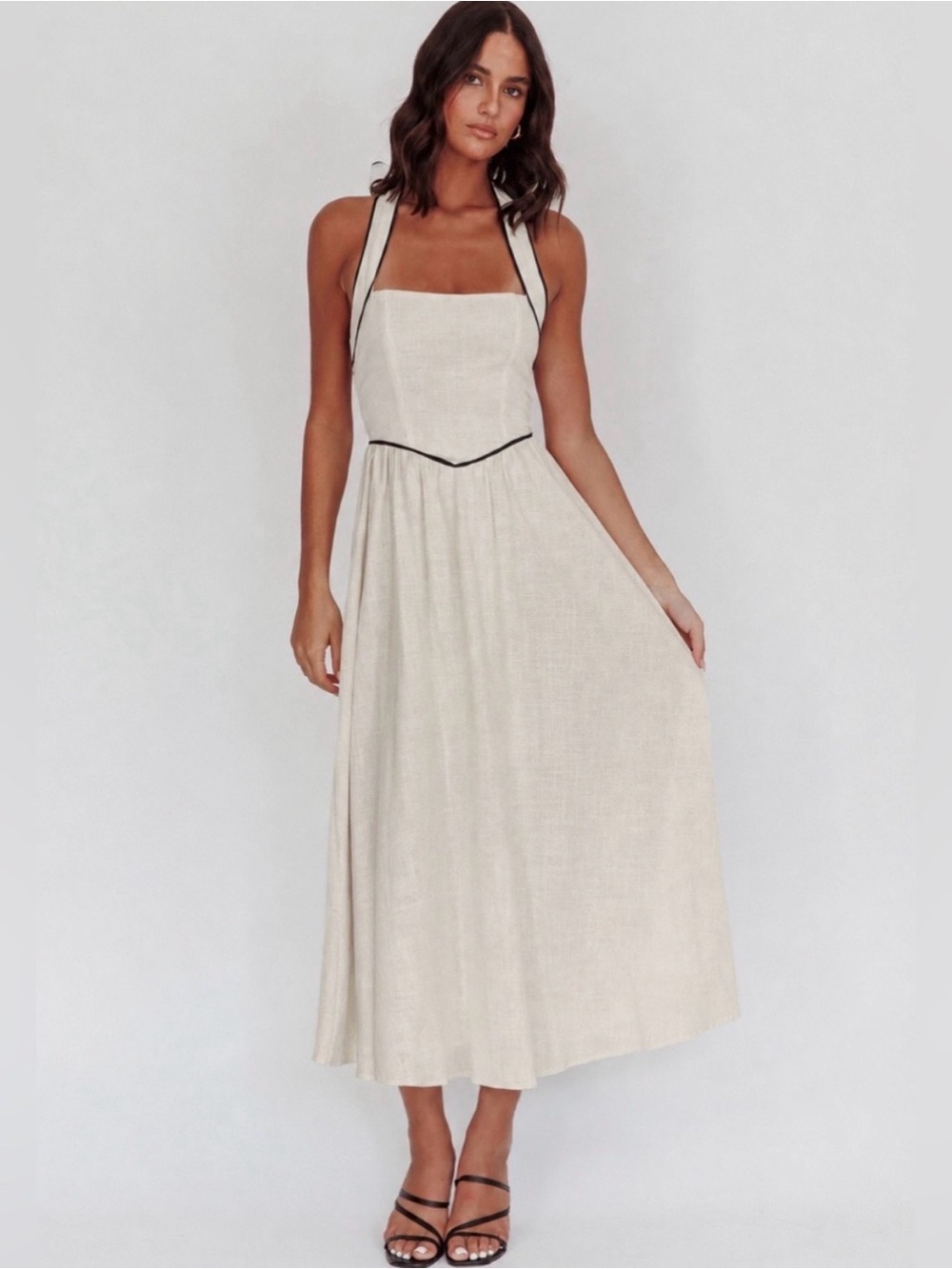 White Closet Cream Halter Midi Dress with Contrast Trim | Size 10 (M/L)